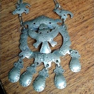 Vtg Native American Silver Bird & Bush Squash Bottom Paper Clip Chain Necklace